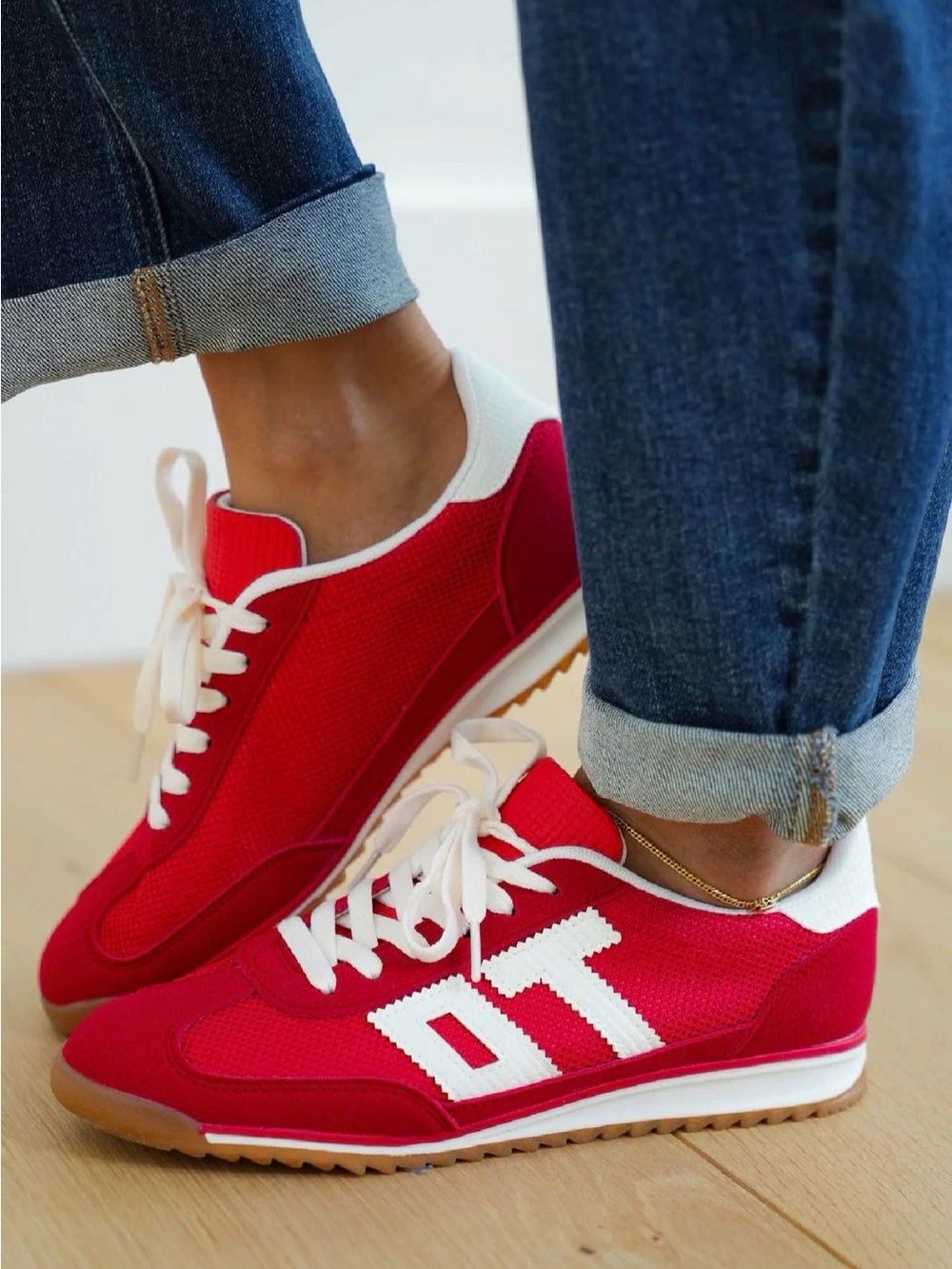 Women’s Red Casual Lace-Up Sneakers with White Accent